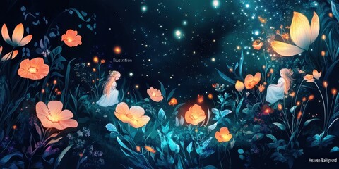 Girls Sitting Amongst Glowing Flowers In A Night Garden