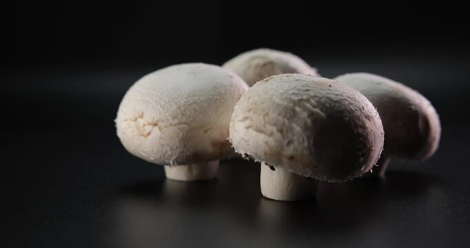 white Agaricus bisporus mushrooms rotating on dark reflective surface against dark background