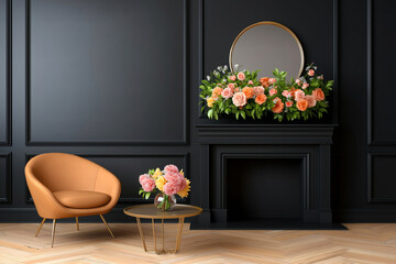stylish interior featuring cozy orange chair, round table with floral arrangement, and fireplace adorned with vibrant flowers against black wall