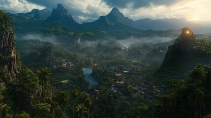Obraz premium Lush Tropical Valley Village Sunrise Panorama