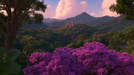 Lush Tropical Valley Village Sunset View Purple Flowers