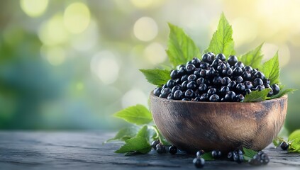 Black elderberry berries in a wooden bowl on an old rustic table, front view. Black juniper fruit with leaves.