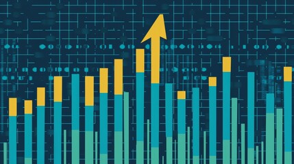 Fototapeta premium The graph shows upward blue columns along with a yellow upward-pointing arrow