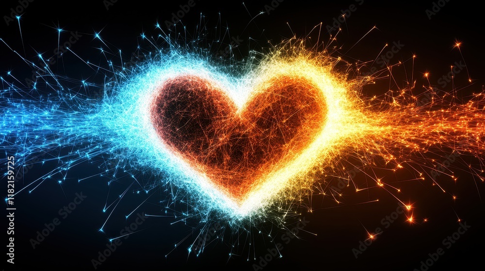 Poster abstract heart shape firework evocation with bright color sparks