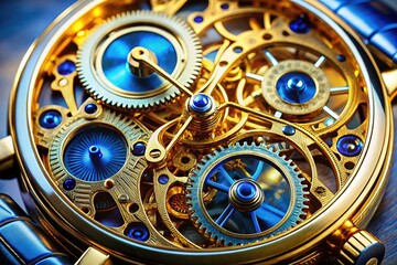 Obraz premium Detailed view of a gold watch's intricate gears, blue face, conceptual.