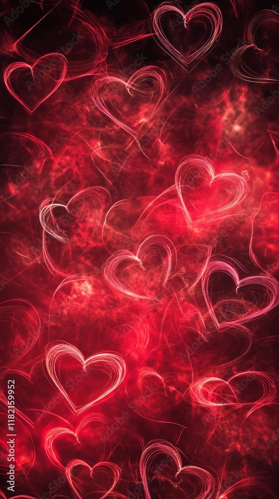 Poster red and pink hearts are floating on a warm red background, creating a romantic atmosphere, ideal for