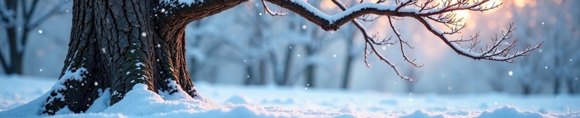 Snow-covered tree trunk with branches stretching out, branch, snow, serene