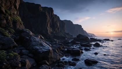 Fototapeta premium Coastal Cliffs at Dusk with Starry Sky and Glistening Seascape