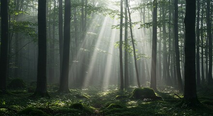 Fototapeta premium foggy Forest Ethereal is a breathtaking image of a forest bathed in soft, ethereal light, creating a dreamlike and otherworldly atmosphere.