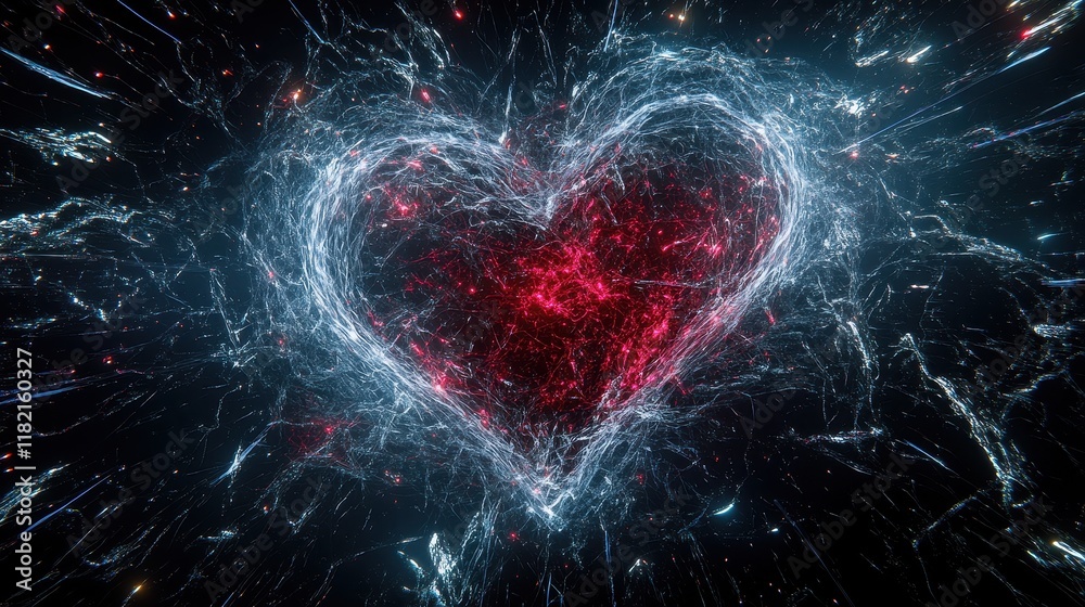 Poster abstract visualization of heart shaped firework explosion burst