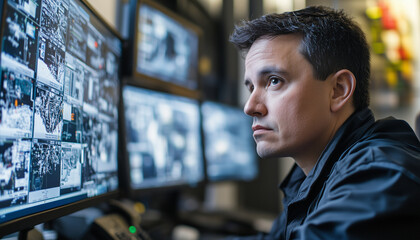 security specialist controlling images of surveillance cameras