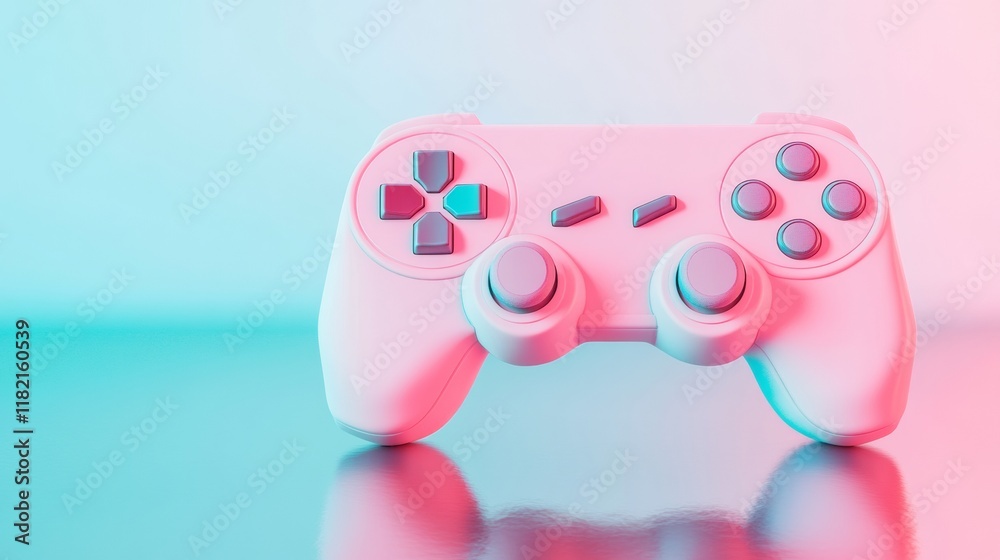 Poster neon-lit vintage game controller on reflective surface
