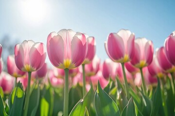 Fototapeta premium Beautiful Pink Tulips Blooms Under Clear Blue Sky with Sunlight in Springtime Garden