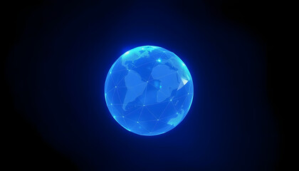 Glowing blue polygonal globe hologram on dark backdrop. 3D Rendering, vintage, with white tones