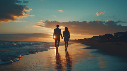 Fototapeta premium Silhouette of young couple, man and woman walking on the sand beach during the evening sunset with sea or ocean waves. married people holding hands, romantic summer holiday or vacation, honeymoon.