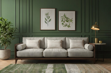 Minimal Cozy Green Living Room with Home Plant and a Comfortable Couch