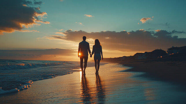 Silhouette of young couple, man and woman walking on the sand beach during the evening sunset with sea or ocean waves. married people holding hands, romantic summer holiday or vacation, honeymoon.
