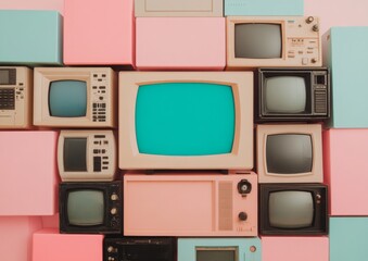 Retro Tech Aesthetic Vintage CRT TVs and Gaming Consoles with Neon Glow