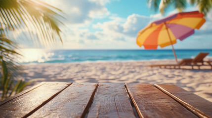 Summer background with a wooden table top and blurred sand beach with colorful beach umbrella and sea or ocean and lounge chairs. a concept for product display presentation or social media banner.
