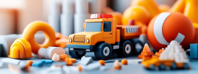 Fototapeta premium Close up view of a small orange plastic toy dump truck and other construction equipment models on a plain colored background