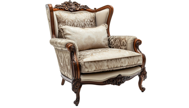 Elegant ornate chair with intricate carvings and luxurious uphol