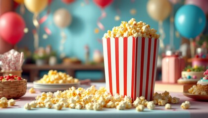 Festive Popcorn Party with Balloons and Sweet Treats in the Background