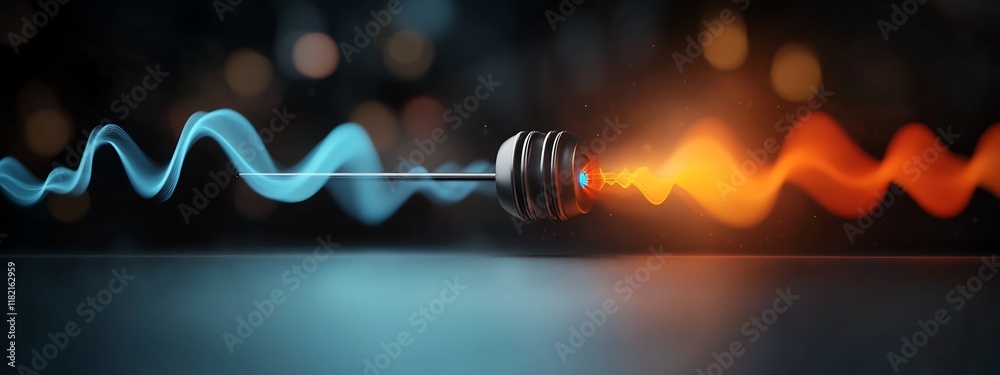 Poster vibrating tuning fork emitting waves of different frequencies in a 3d rendered the image depicts the