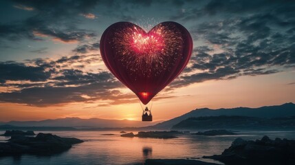 Fototapeta premium Heart-Shaped Hot Air Balloon with Fireworks Over Scenic Landscape