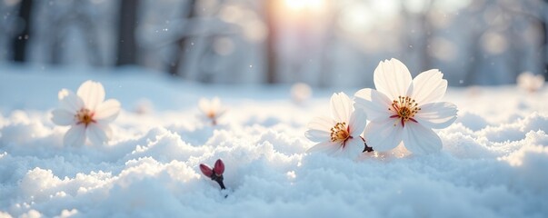 Snowy landscape with pristine white petals of Prunus glandulosa alba plena in a tranquil scene, white flowers, prunus