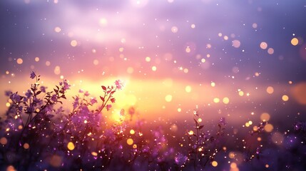 Magical Sunset Meadow Blooming Flowers and Glowing Lights