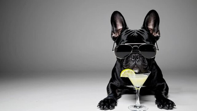 Black bulldog wearing sunglasses drinking coctail drink