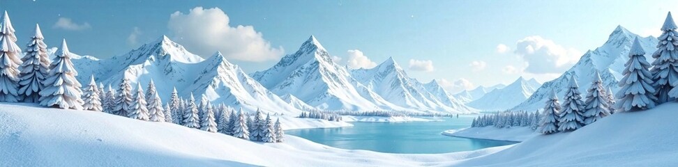 Fototapeta premium Snowy mountain landscape with folded paper trees, frozen lakes, paper craft, winter wonderland