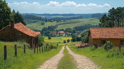 Stone houses and a winding road lead to a distant village