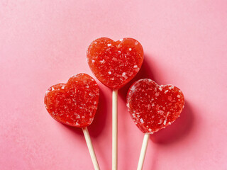 Obraz premium Heart-shaped lollipops on a pink background with sugar coating for a sweet celebration. Valentine’s Day idea, date, engagement party, love party, eat, food