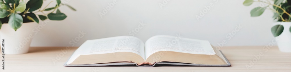 Poster serene open book on desk with soft lighting and vintage writing tools