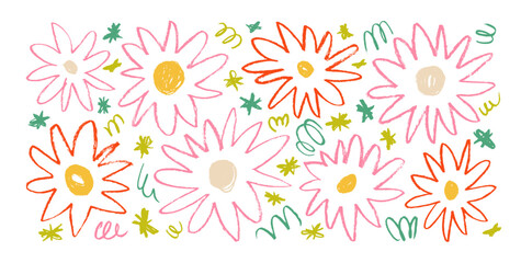 Colorful abstract flower heads drawn with a crayon. Cute naive chamomile or daisy flowers. Hand drawn vector doodle illustrations. Cute pencil botanical drawings. Primitive style childish sketches.