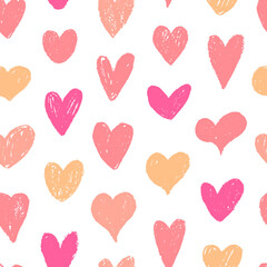 Red and pink heart shapes seamless pattern. Crayon drawn colorful hearts seamless pattern for wrapping paper.