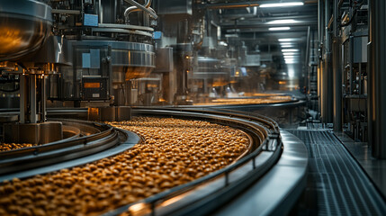 Industrial processing line with golden food items in a modern facility during working hours