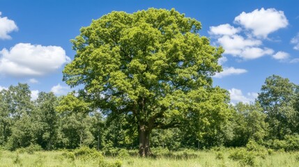 Majestic Oak Tree in Summer Meadow Landscape