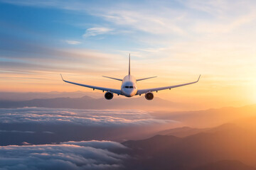 Obraz premium luxury private jet flying above clouds during stunning sunset, showcasing beauty of aviation and travel. serene landscape below enhances feeling of freedom and adventure