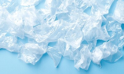 Obraz premium Crumpled plastic bags on blue background, waste and recycling concept.