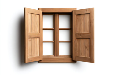 Old wooden window with open shutters, showcasing natural wood texture and craftsmanship. Perfect for adding rustic charm to any space