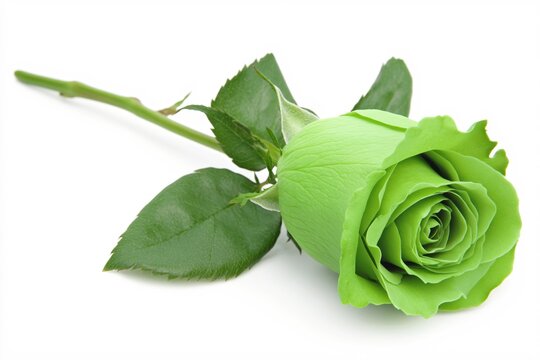 Single Green Rose with Leaves on White Background for Unique Floral Designs