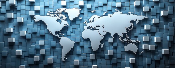 Global networks and technology are illustrated through an abstract world map with white blocks and gears