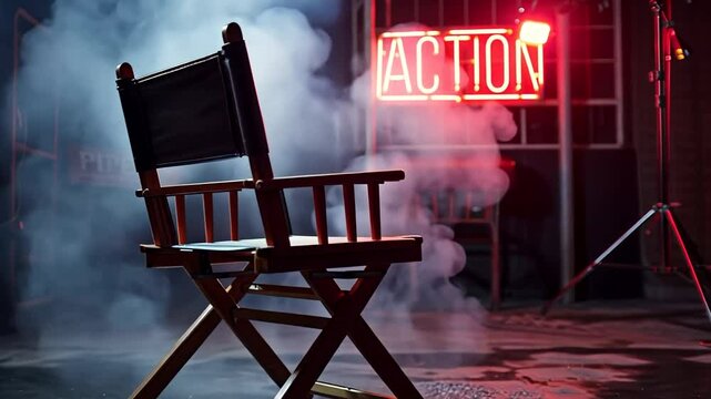 Director's chair in smoky film set with Action sign, ideal for film industry concepts