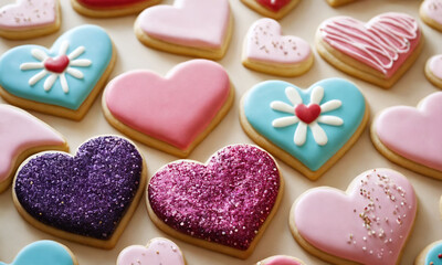Fototapeta premium Colorful heart-shaped cookies decorated with icing and sprinkles for a festive celebration. Valentine’s Day idea, date, engagement party, love party, eat, food