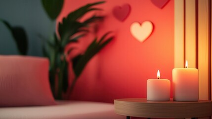 A Valentinethemed therapy room with glowing heart projections to create a calming ambiance, innovative care, romantic decor, festive comfort