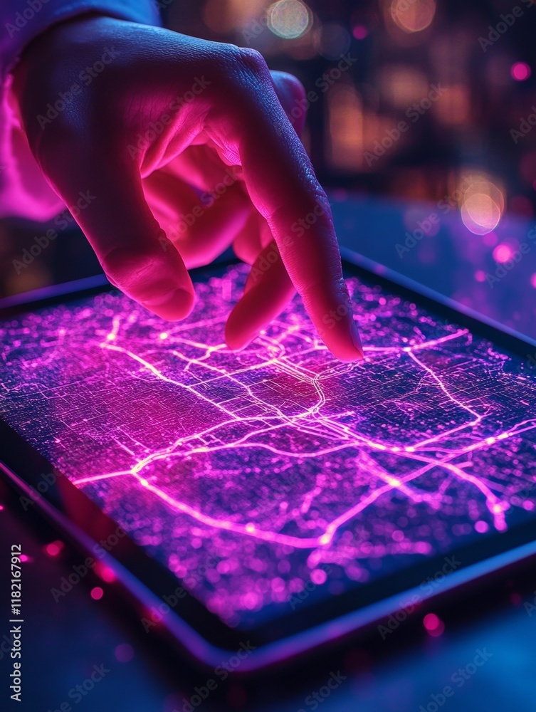 Poster futuristic travel planning neon map over tablet with interactive hand gesture