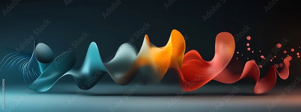 Poster colorful of an animation depicting a wave packet interacting with an obstacle and diffracting into d