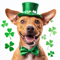 A cheerful dog wearing a green hat and bow tie, surrounded by shamrocks, celebrating St. Patrick's Day.